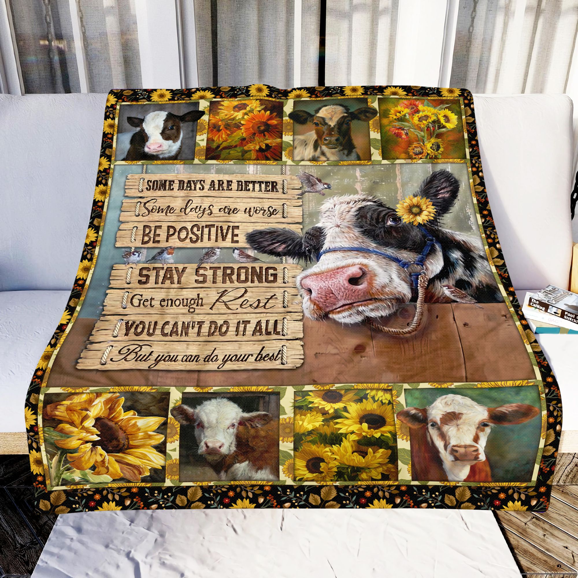 Sunflowers Cows Funny Fleece Blanket