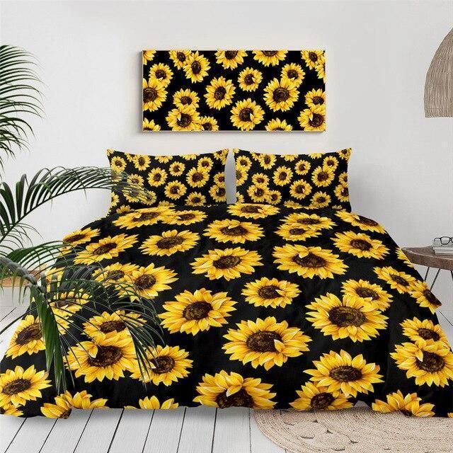 Sunflowers Pattern Black Background Bedding Set