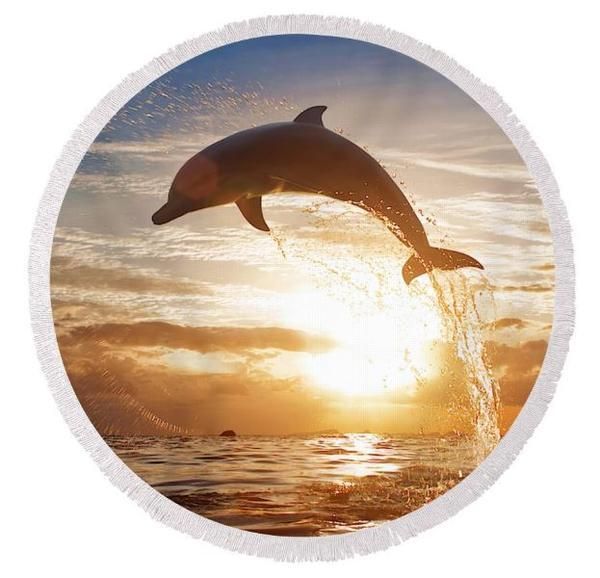 Sunset Dolphin Jumping Printed Round Beach Towel