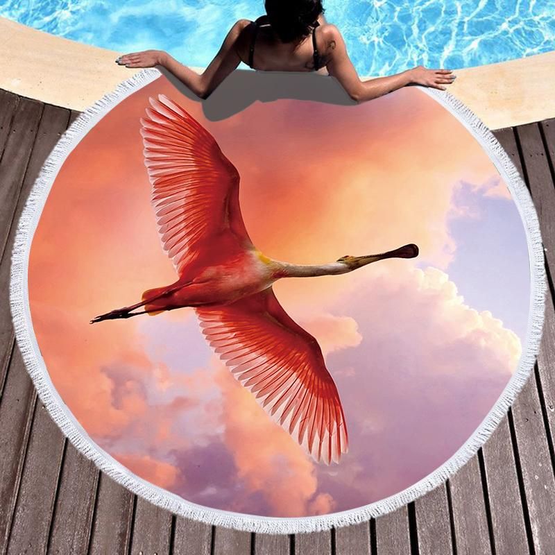 Sunset Famingo On The Sky Printed Round Beach Towel