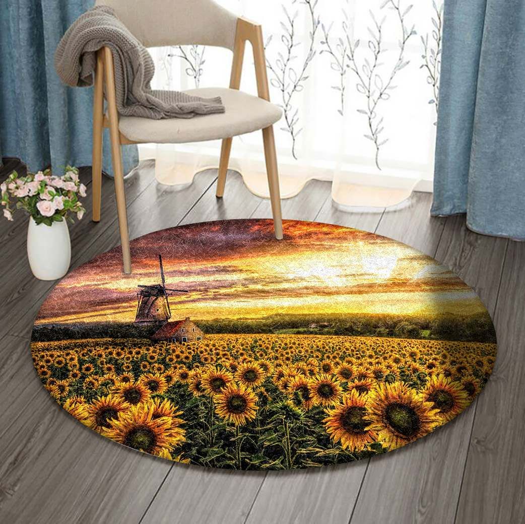 Sunshine Sunflower Farm Round Carpet
