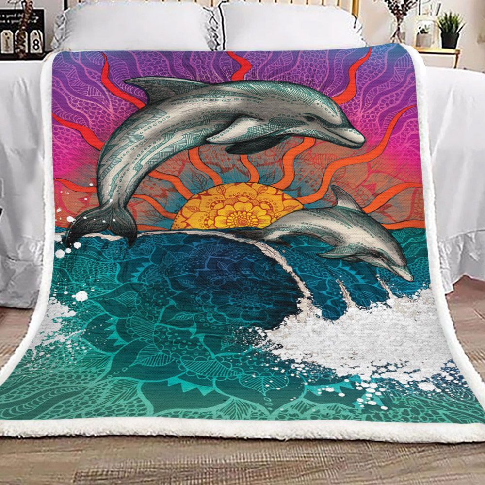 Surfing Dolphin Mandala Sunset Sherpa Fleece Blanket