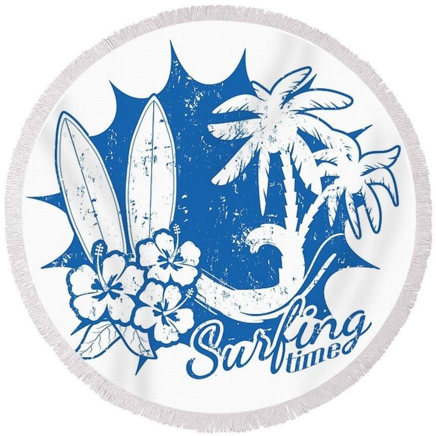 Surfing Time Blue And White Printed Round Beach Towel