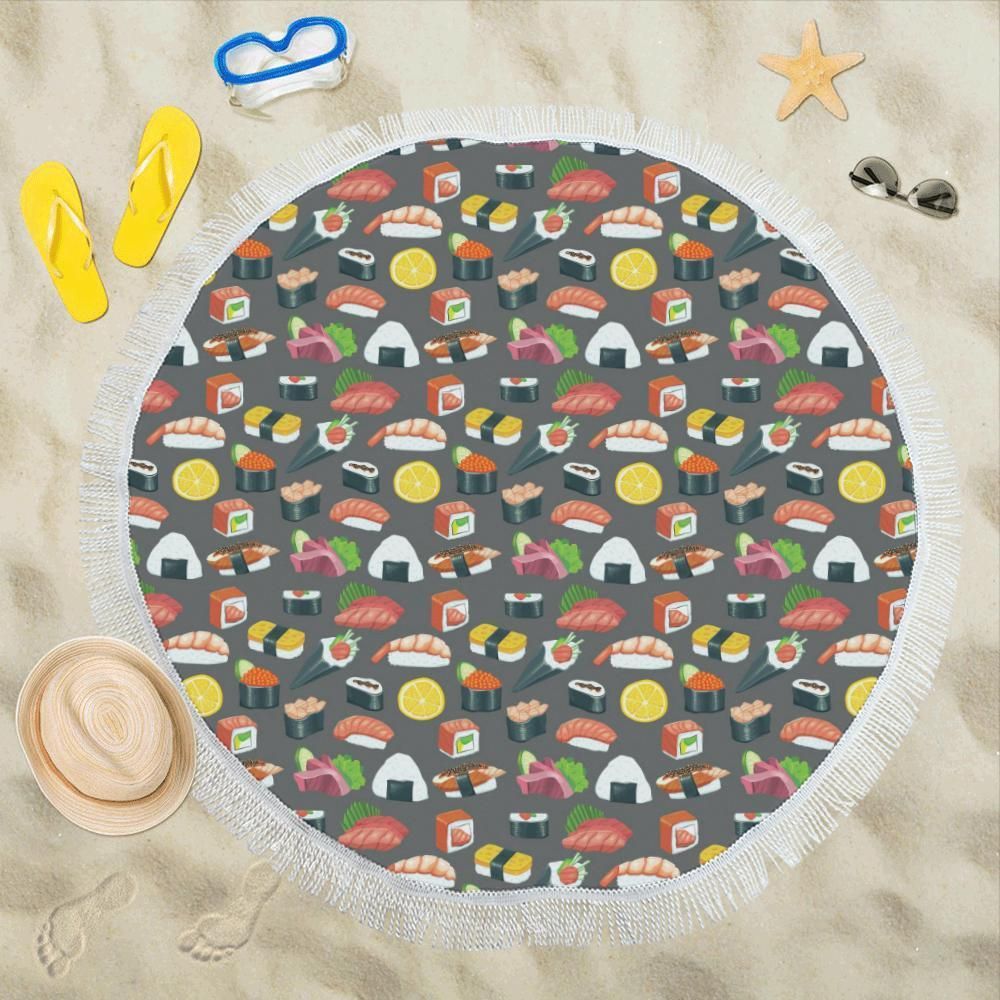 Sushi Japanese Food Pattern Printed Round Beach Towel