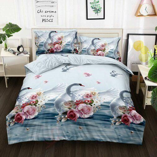 Swan Flower Pattern Printed Bedding Set
