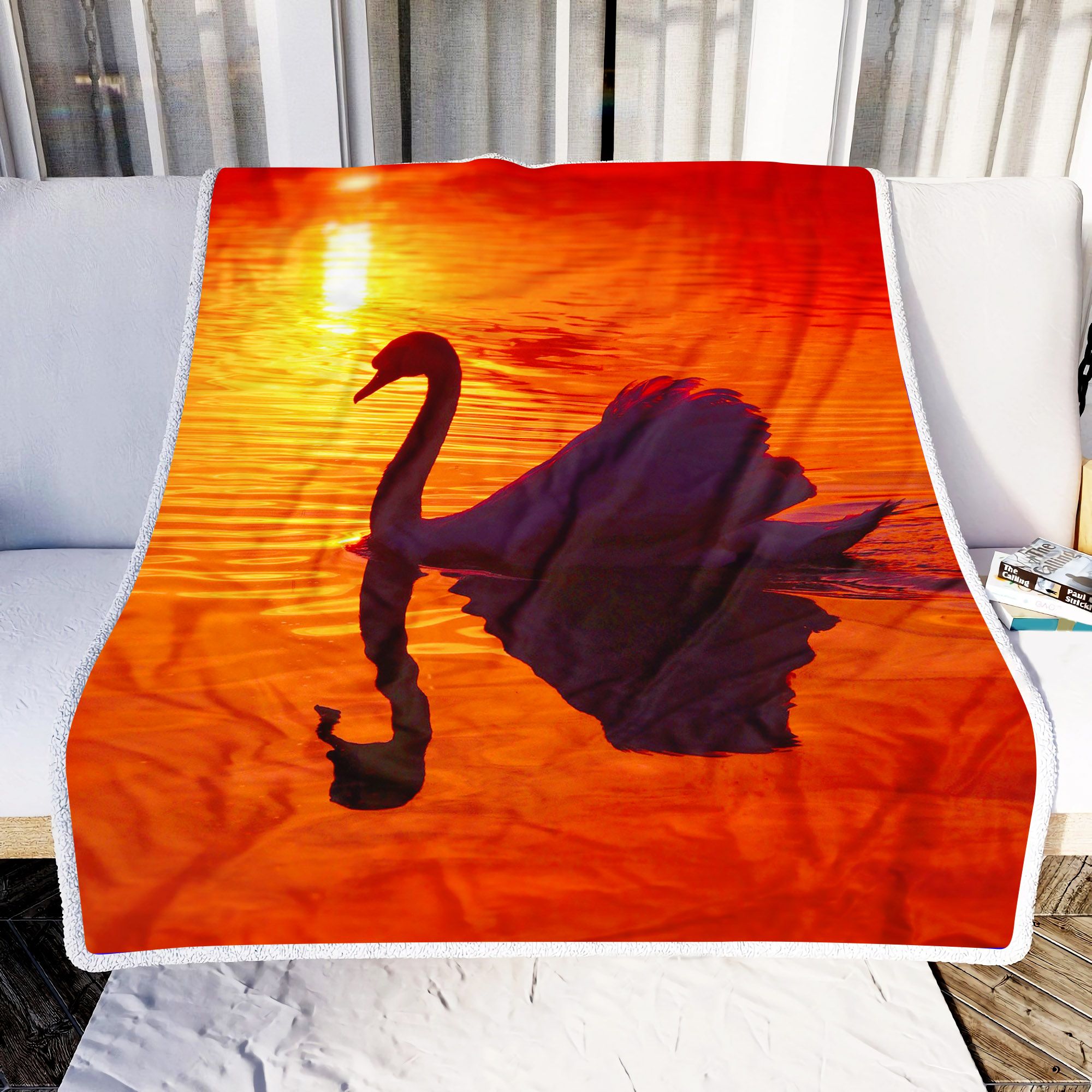 Swan In Sunset Fleece Blanket