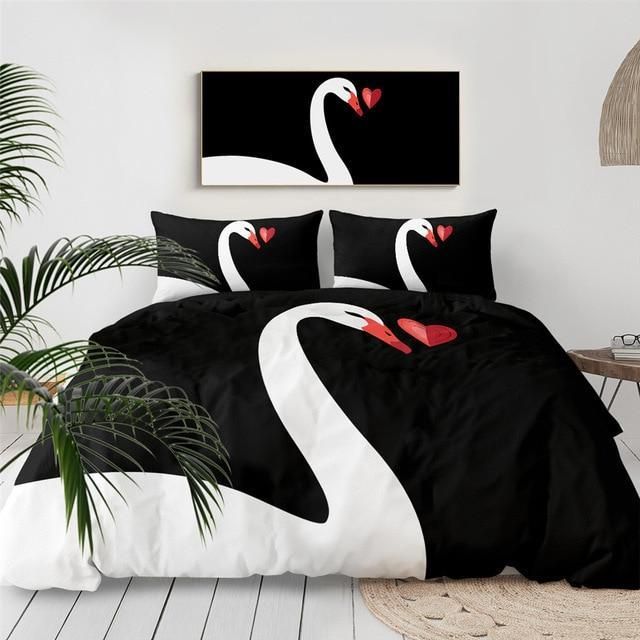 Swan Love Black Background Bedding Set