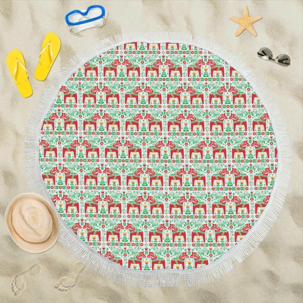 Swedish Dala Style Pattern Printed Round Beach Towel