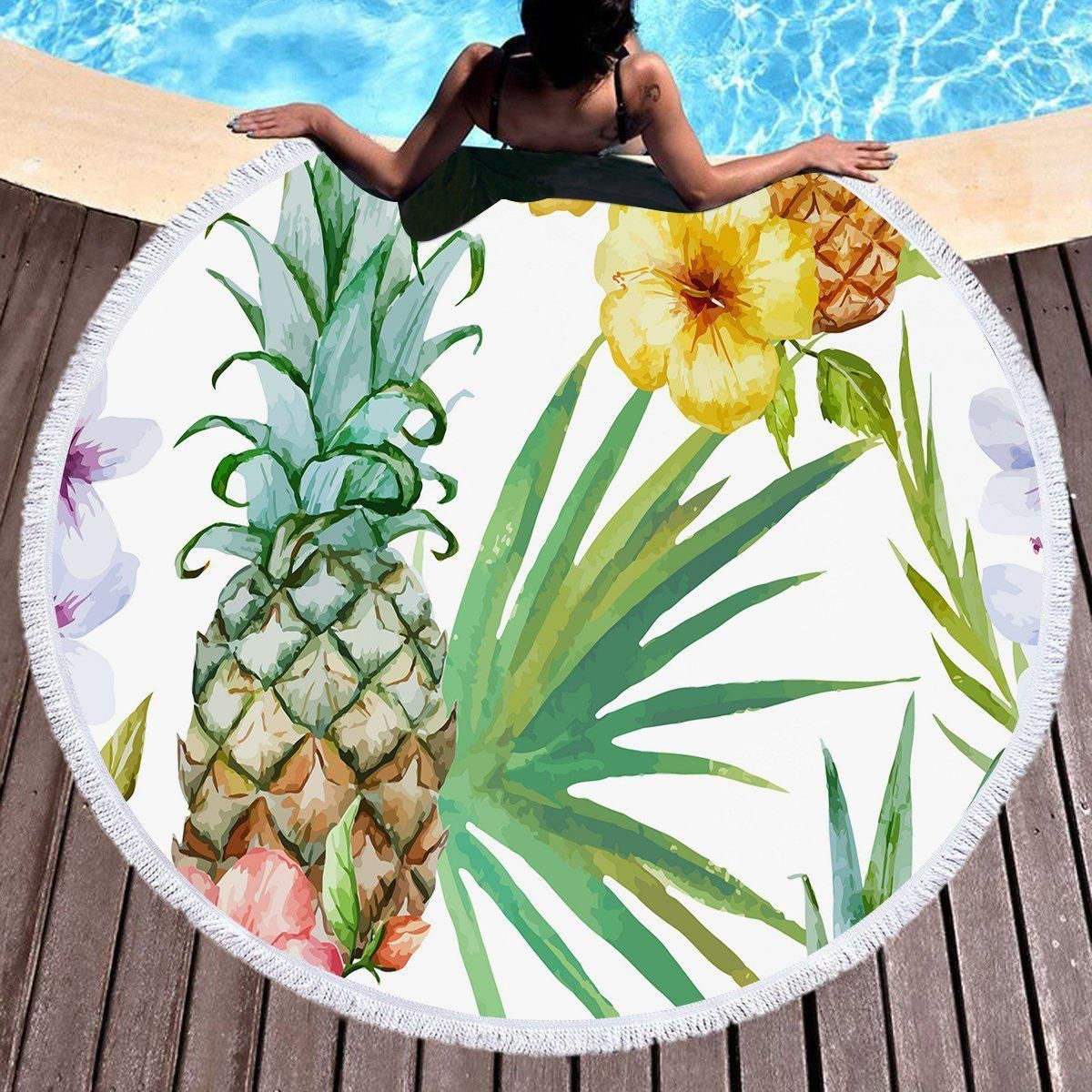 Sweet Caribbean Gold Pineapple Printed Round Beach Towel