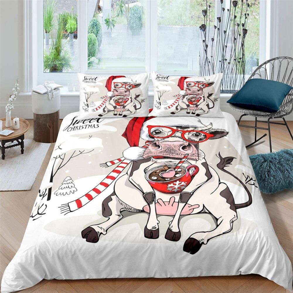 Sweet Christmas Cow With Sunglasses Bedding Set