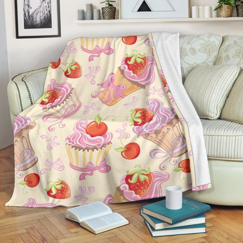 Sweet Strawberry Pink Cupcake Printed Fleece Blanket