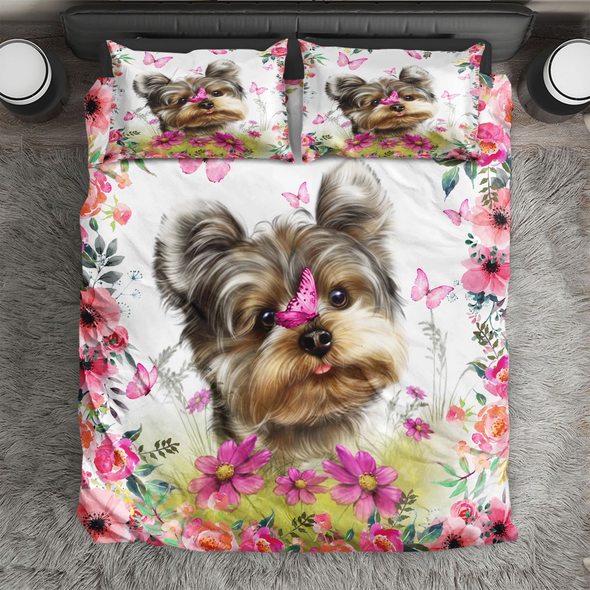 Sweet Yorkshire Terrier And Flower Bedding Set