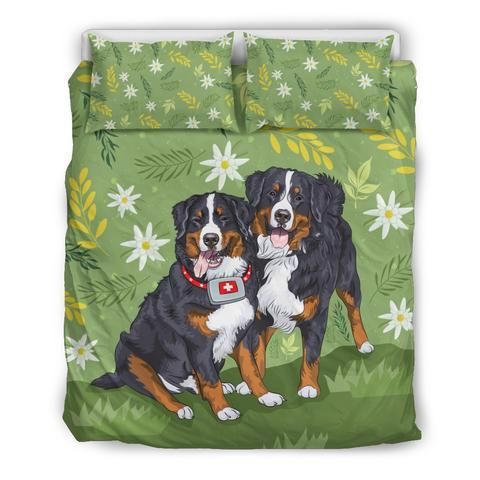 Swiss Bernese Mountain Dog Daisy Flowers And Green Leaf Bedding Set
