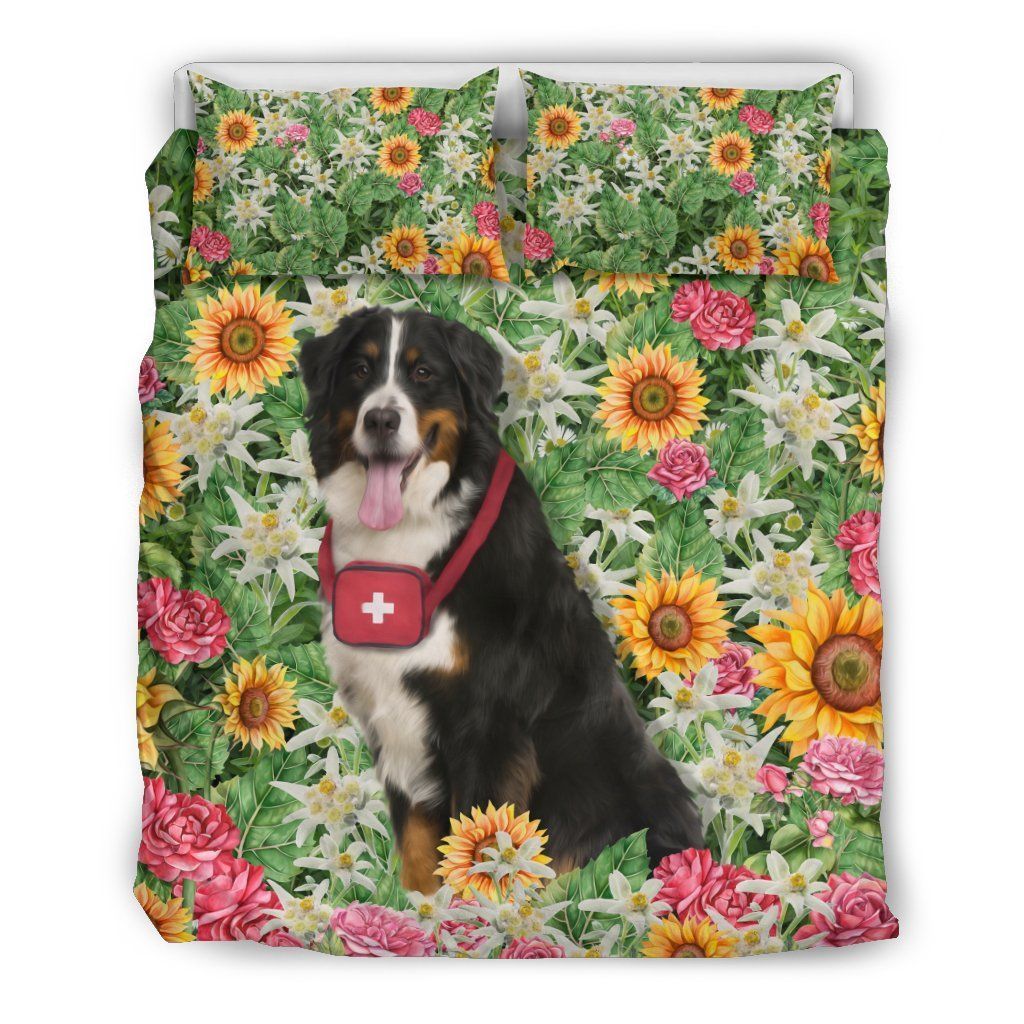 Switzerland Bernese Mountain Dog In Floral Field Bedding Set