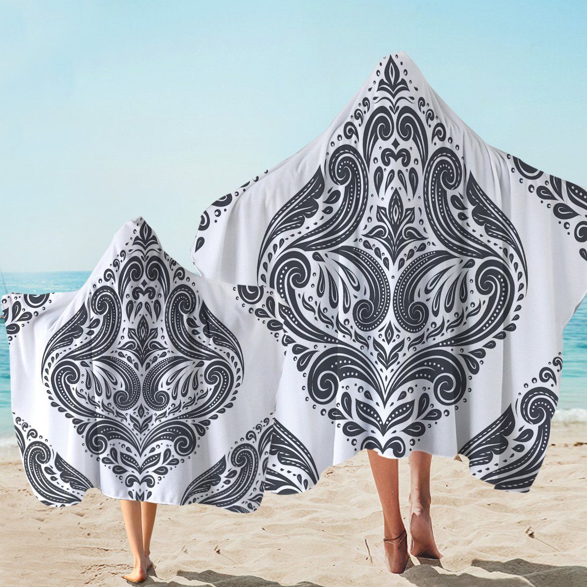 Symmetrical Swirl Style Gray And White Printed Hooded Towel