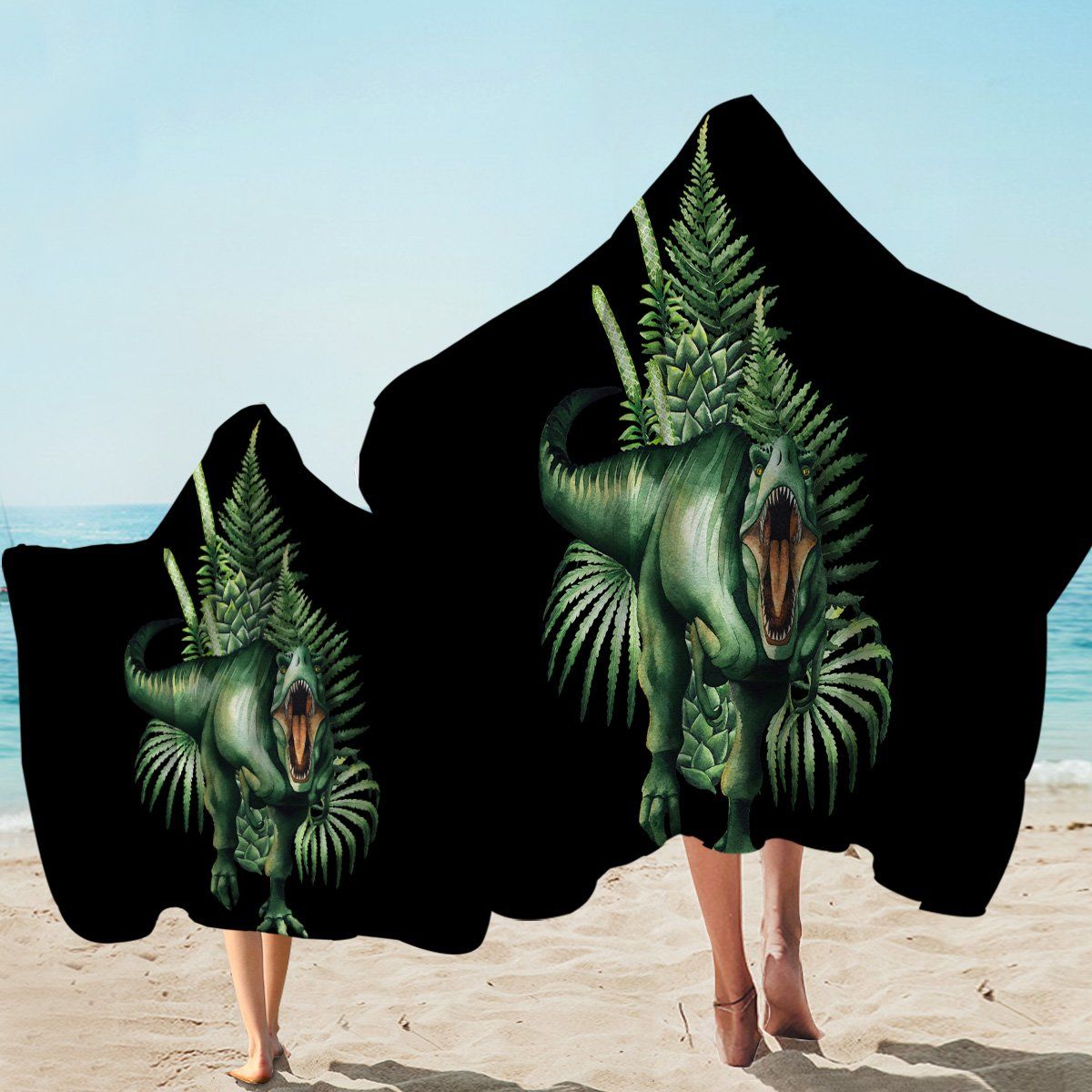 T-rex And Ferns Black Printed Hooded Towel
