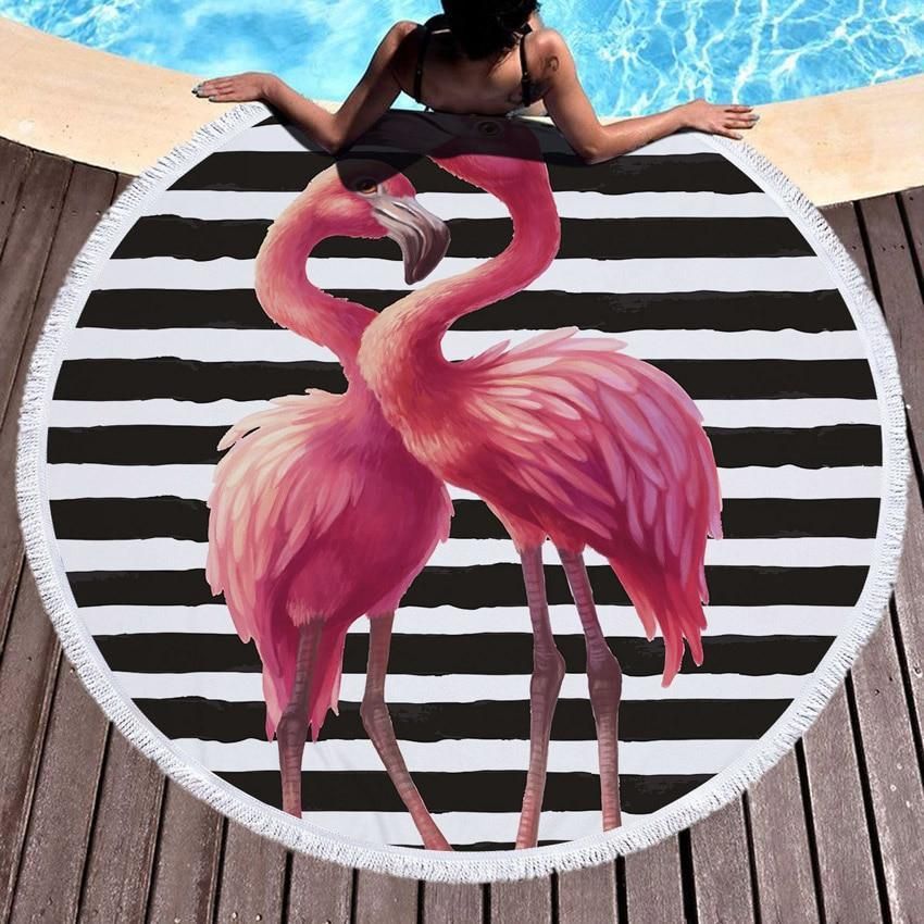 Tassel Floral Flamingo Love Striped Printed Round Beach Towel