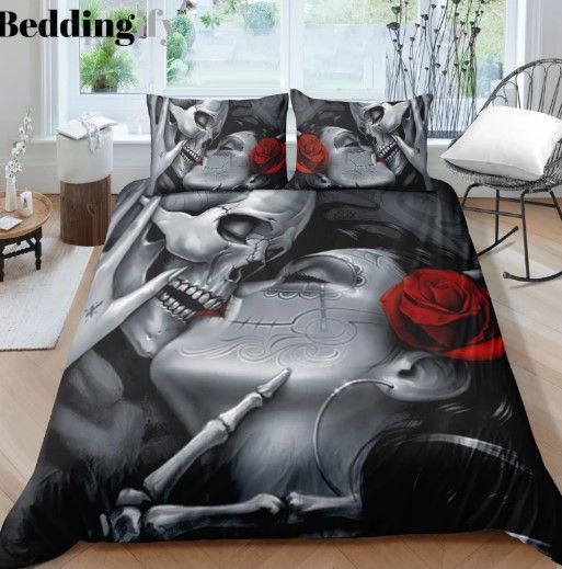 Tattoo Girl Rose Skull Bedding Set