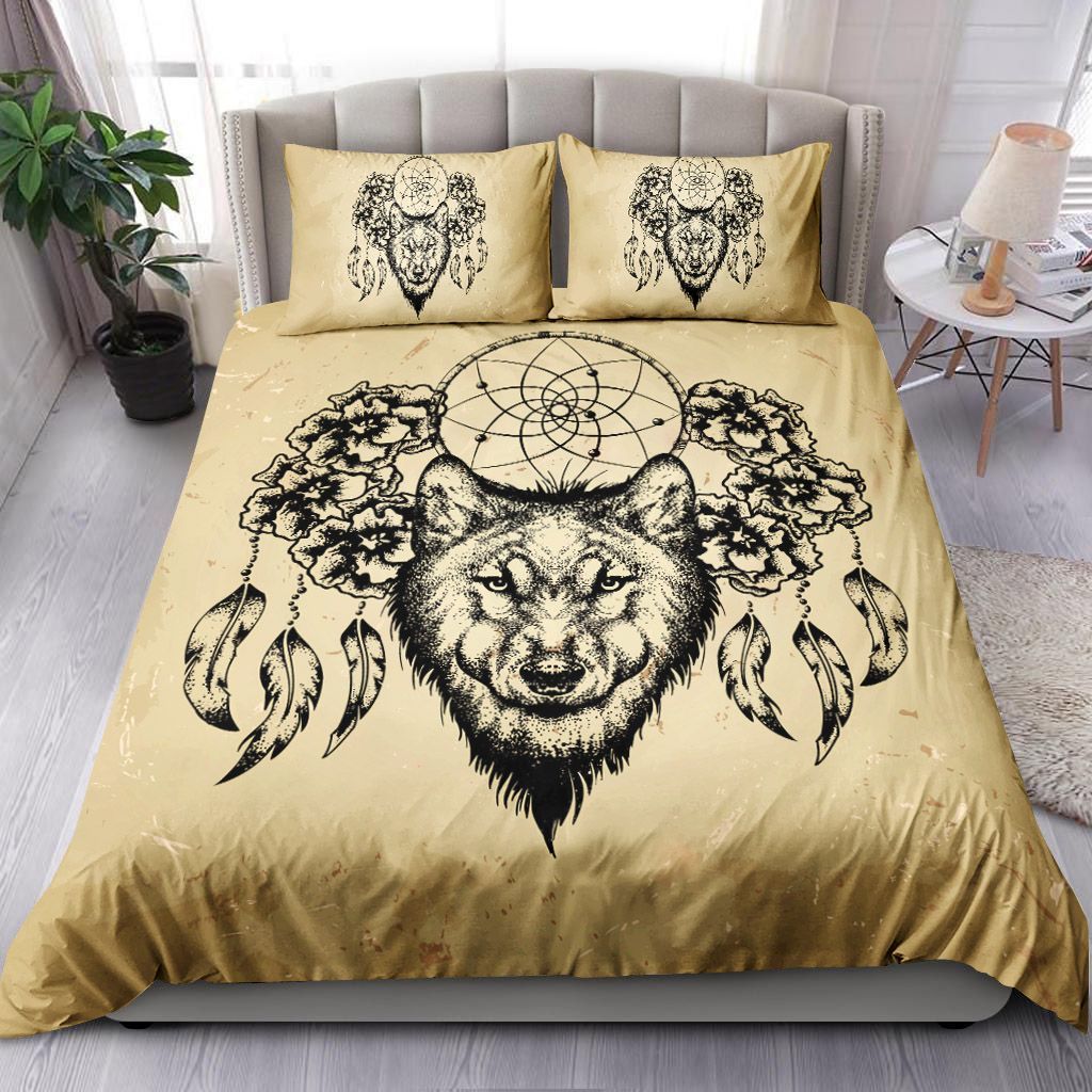 Tattoo Wolf With Flowers And Dream Catcher Bedding Set