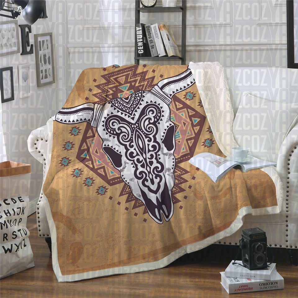 Tattooed Bull Skull Sherpa Fleece Blanket