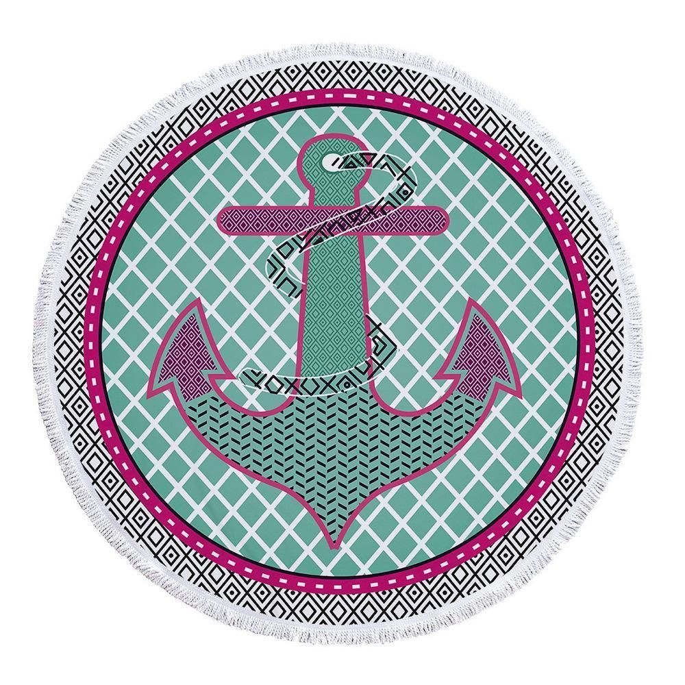 Teal And Pink Accent Anchor Printed Round Beach Towel
