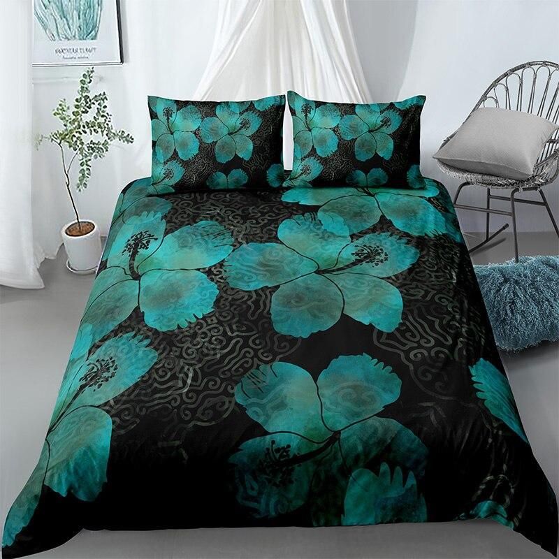 Teal Flower Black Patterns Bedding Set