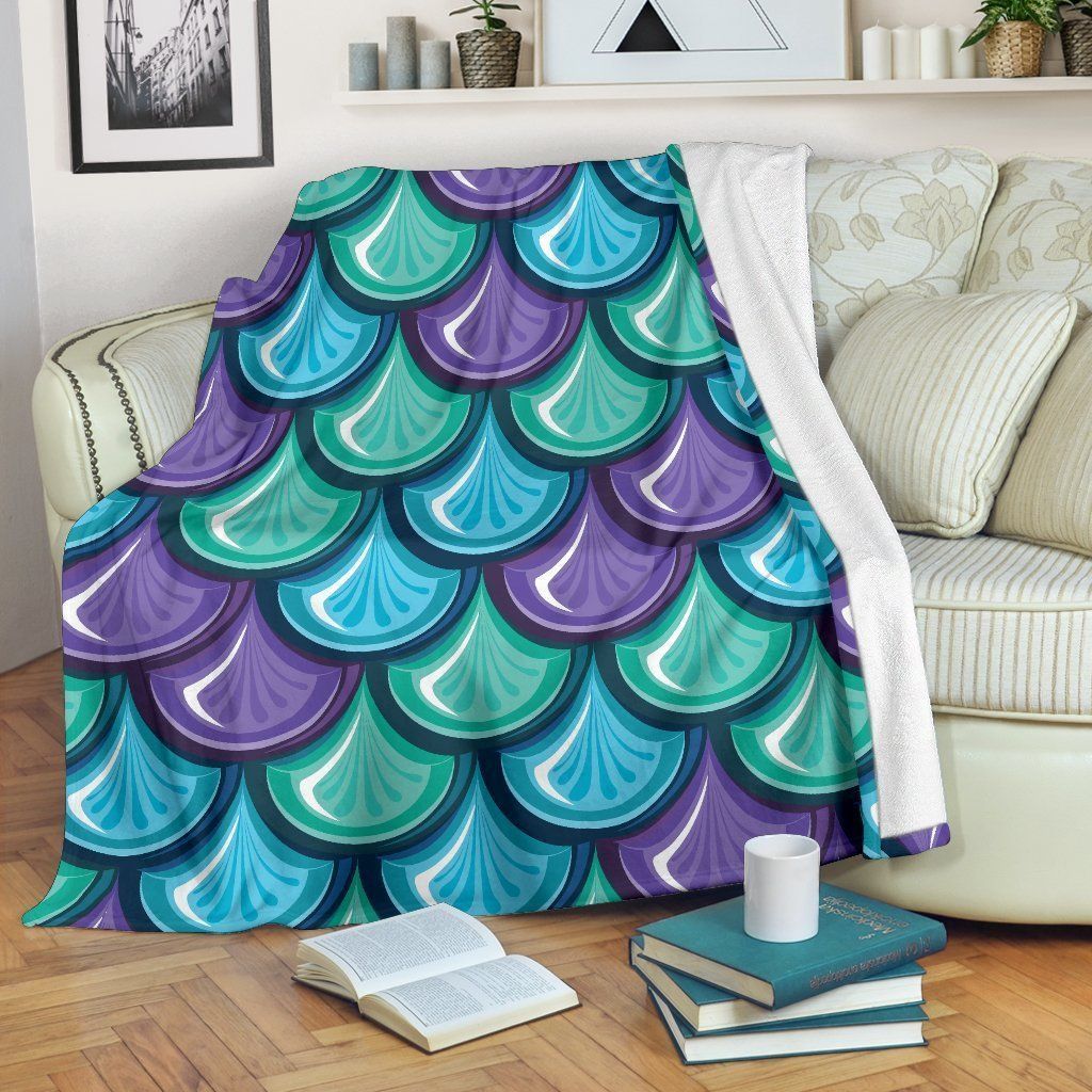 Teal Mermaid Scales Sherpa Fleece Blanket