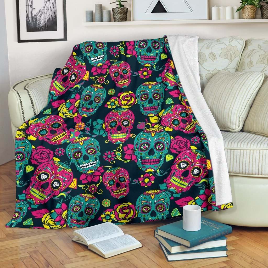 Teal Pink Sugar Skull Sherpa Fleece Blanket