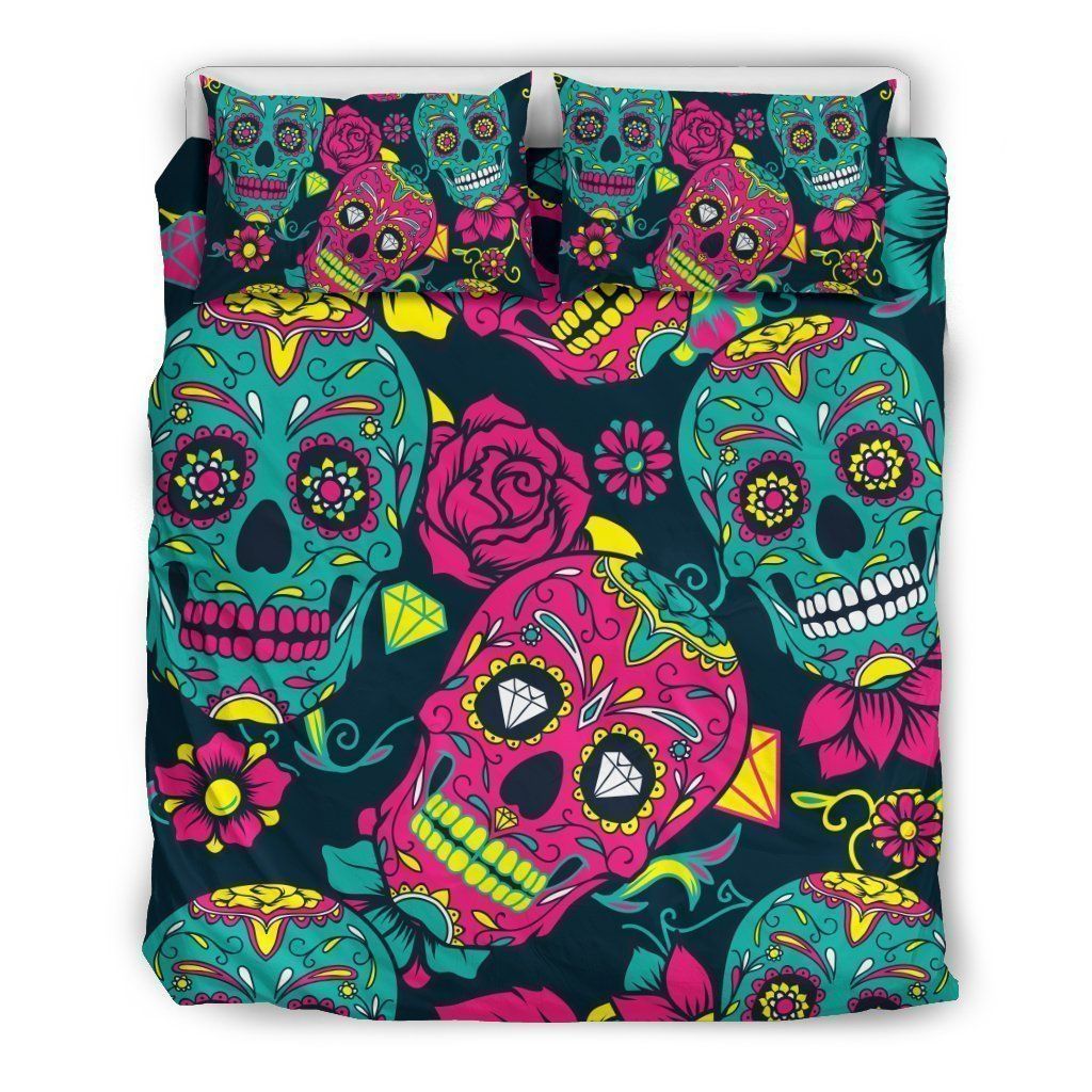 Teal Pink Sugar Skull Bedding Set