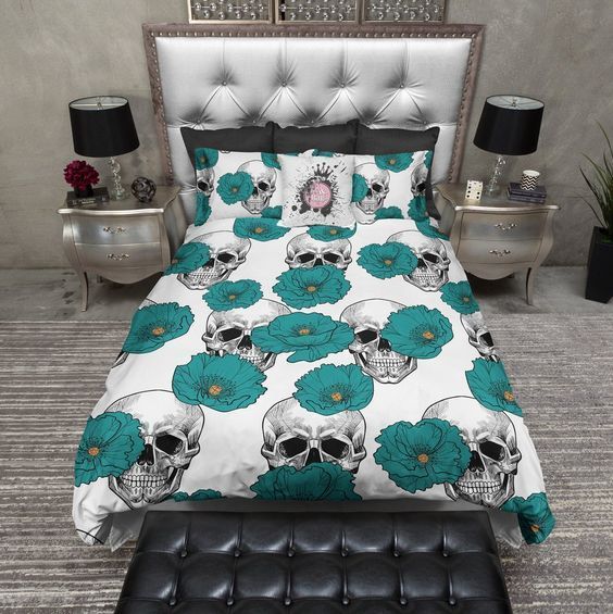 Teal Poppy And White Skull Bedding Set