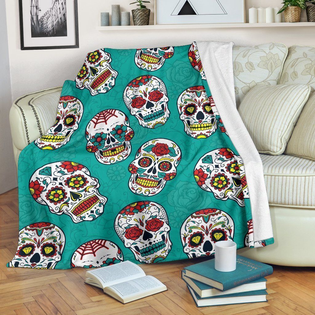 Teal Sugar Skull Sherpa Fleece Blanket