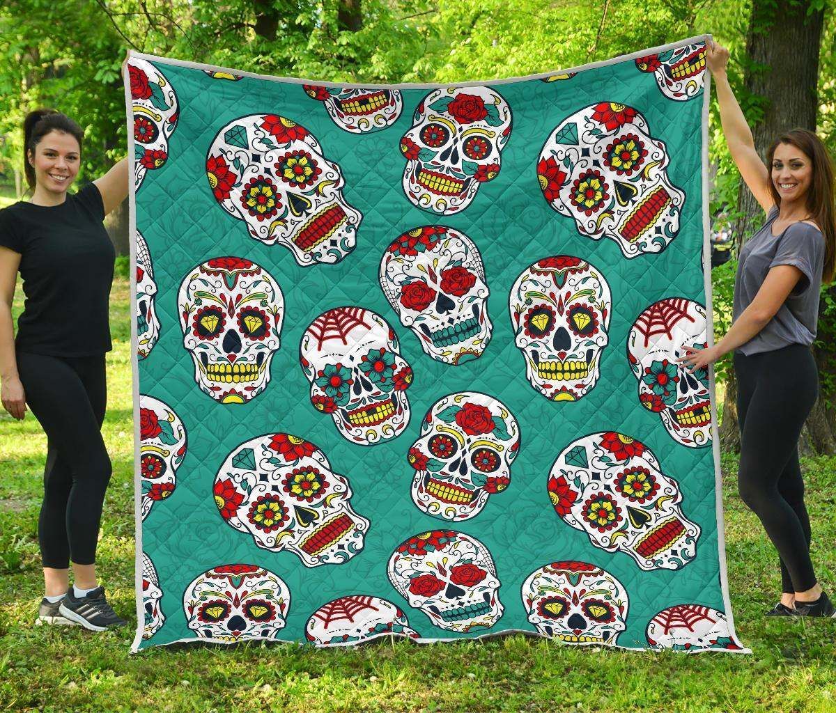 Teal Sugar Skull CL17100602MDQ Quilt Blanket