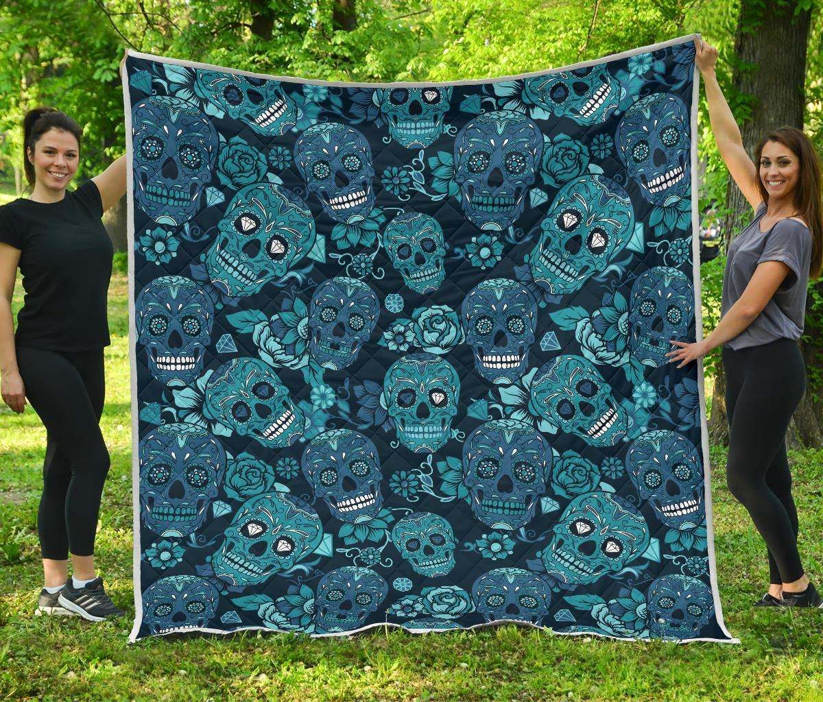 Teal Sugar Skull Flower CL17100601MDQ Quilt Blanket
