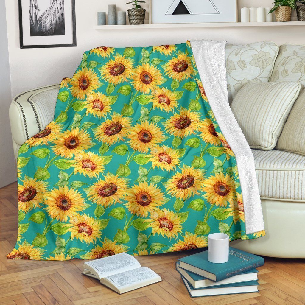 Teal Watercolor Sunflower Sherpa Fleece Blanket