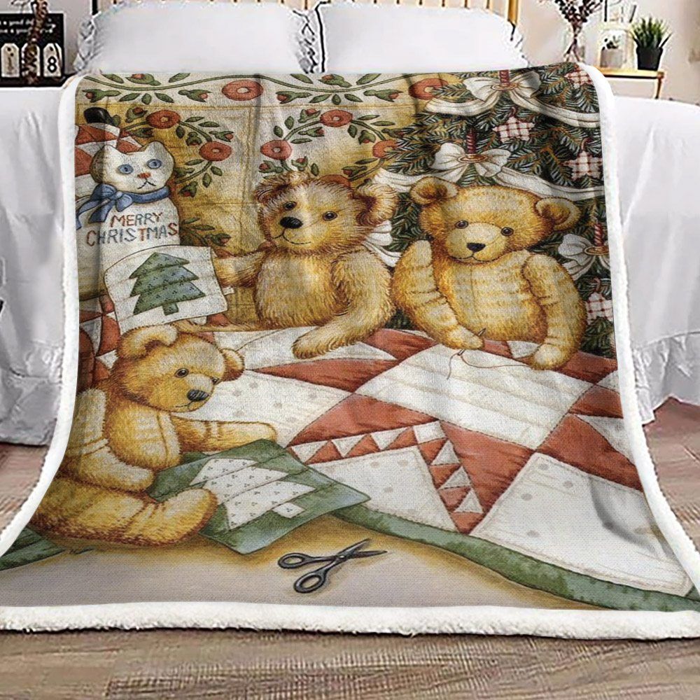 Teddy Bear Flower Sewing Sherpa Fleece Blanket