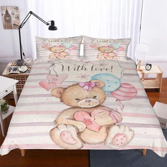 Teddy Bear Pink Stripes Bedding Set