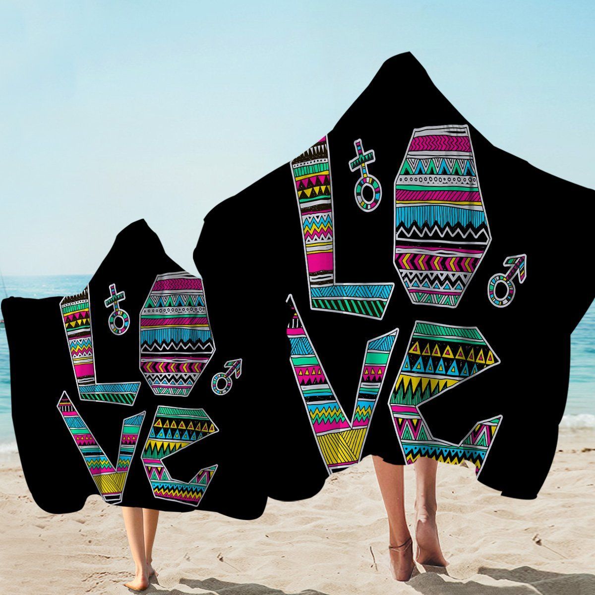 Textile Love And Men And Women Sign Black Printed Hooded Towel
