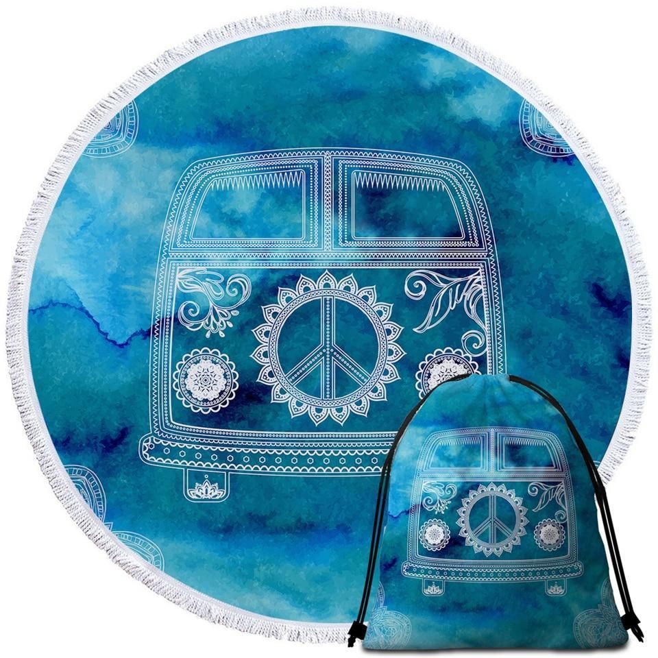 The Cool Bus Blue Watercolor Printed Round Beach Towel