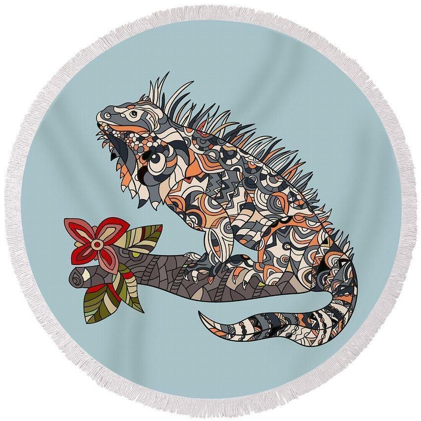 The Dreamy Iguana Pastel Blue Printed Round Beach Towel
