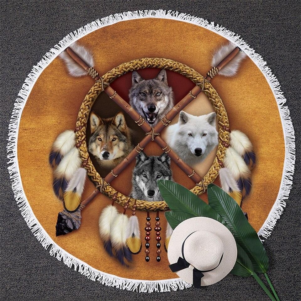 The Four Wolves Dreamcatcher Round Beach Towel