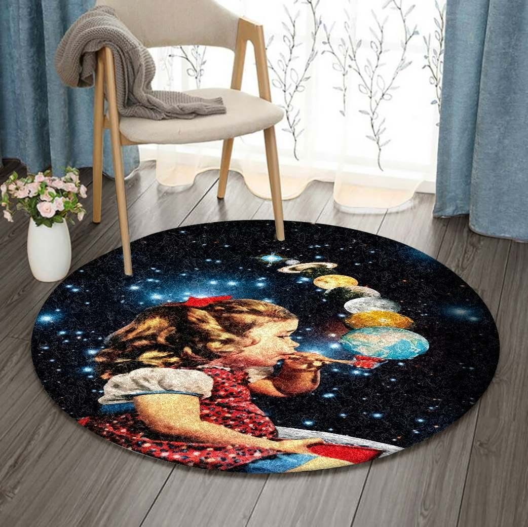 The Girl Bubbles Planet Universe Round Carpet