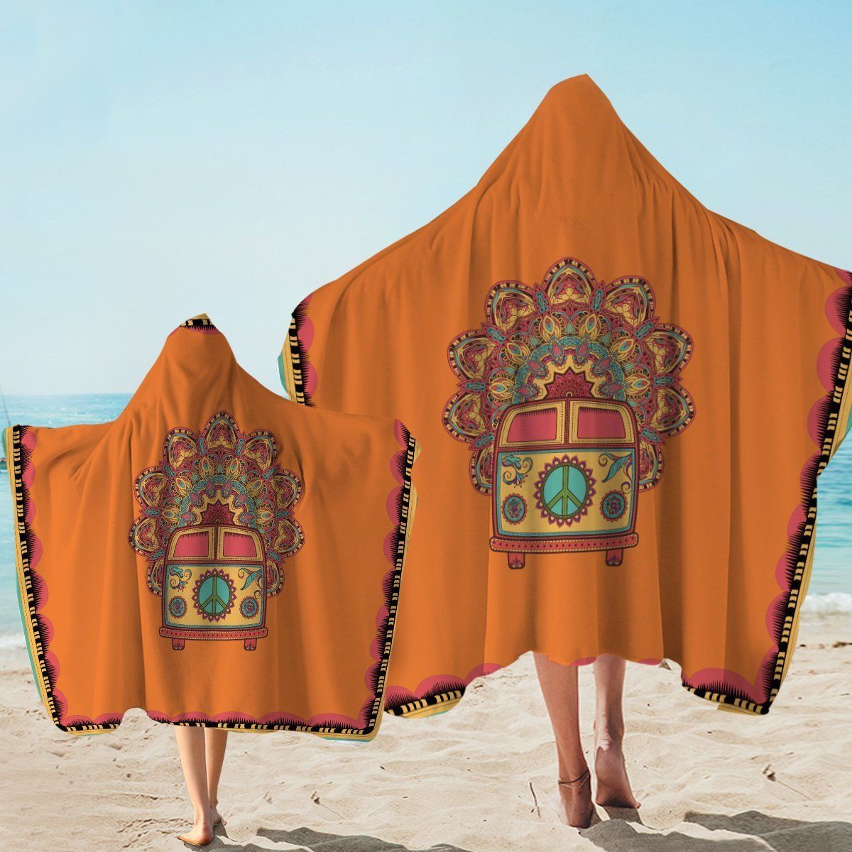 The Happy Bus Hippie Camping Printed Hooded Towel