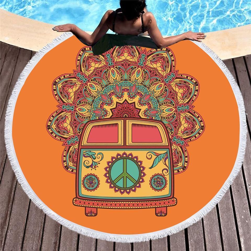 The Happy Bus Orange Background Printed Round Beach Towel