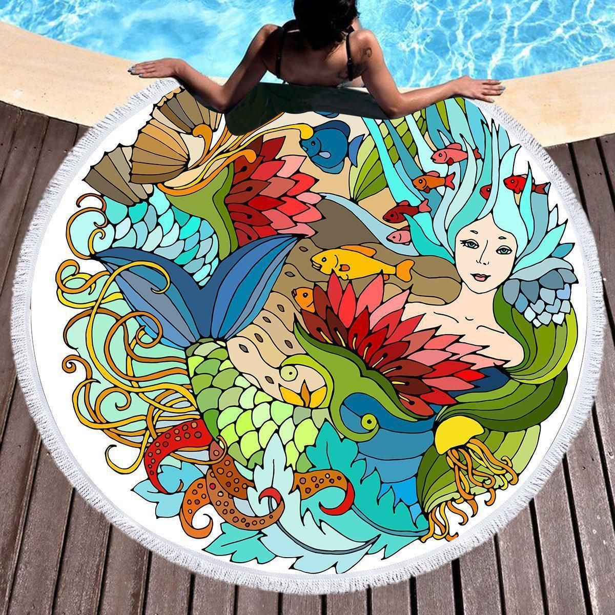 The Happy Mermaid Printed Round Beach Towel
