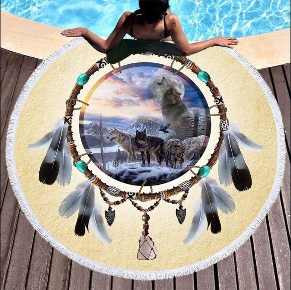The Howling Wolf Vintage Printed Round Beach Towel