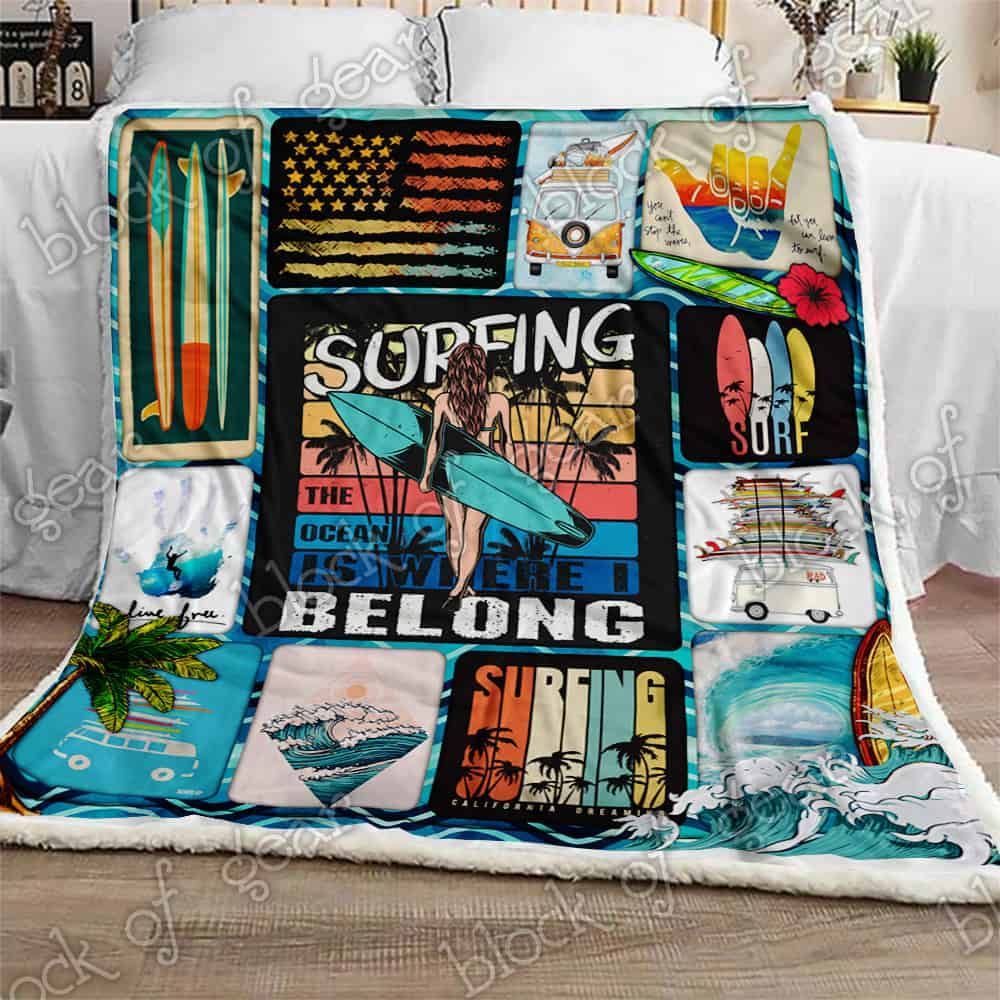 The Ocean Is Where I Belong Surfing Fleece Blanket