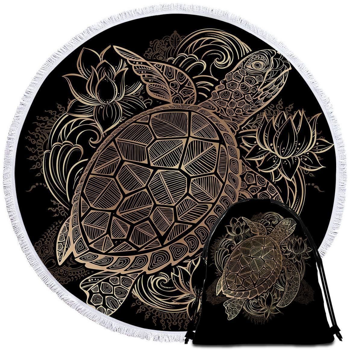 The Original Sea Turtle Lotus Art Printed Round Beach Towel