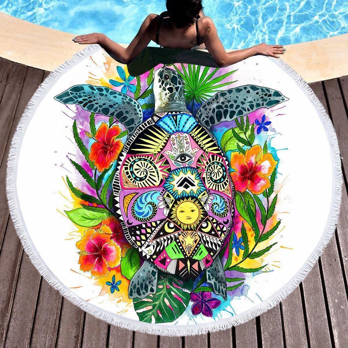 The Original Turtle Mystic On White Printed Round Beach Towel