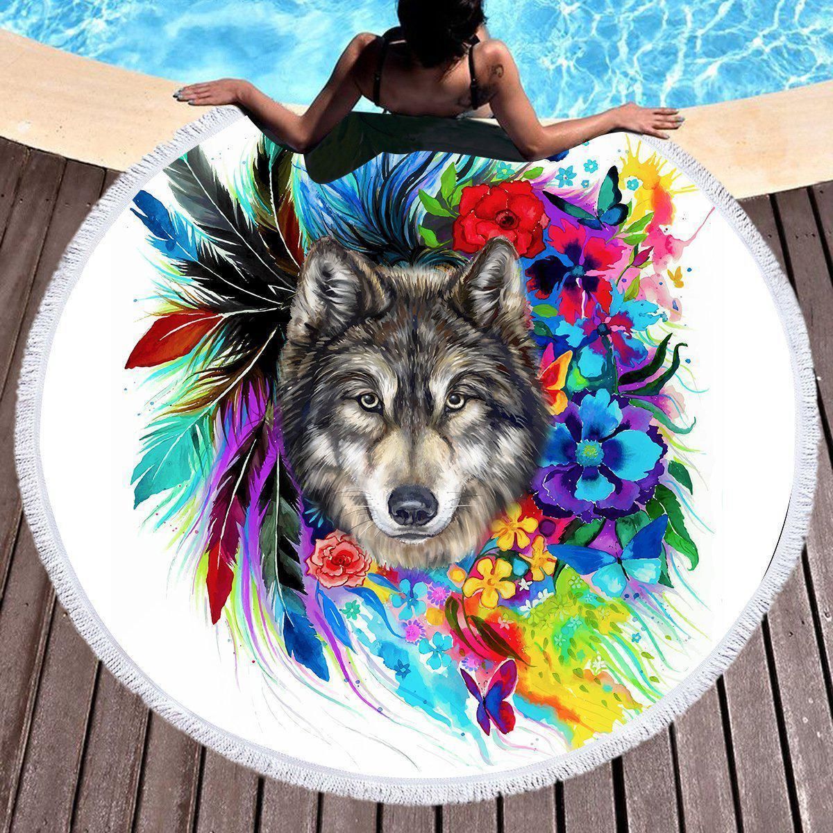 The Original Wolf Spirit Printed Round Beach Towel