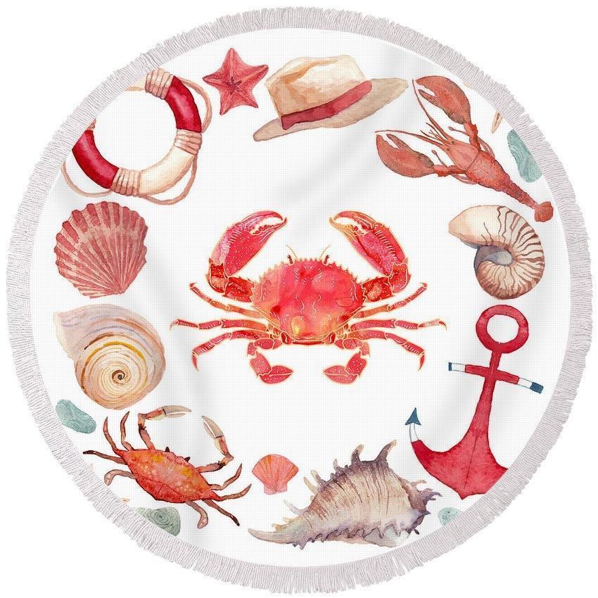 The Red Crab And Marine Plant On White Printed Round Beach Towel